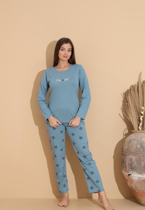 Pijama Dama „Cute” , Pantaloni si Maneca Lunga,Culoare Albstru,Engros